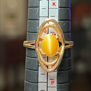 Vintage Art Deco Style Modernist 10k Solid Yellow Gold Lucky Cat’s Eye Ring